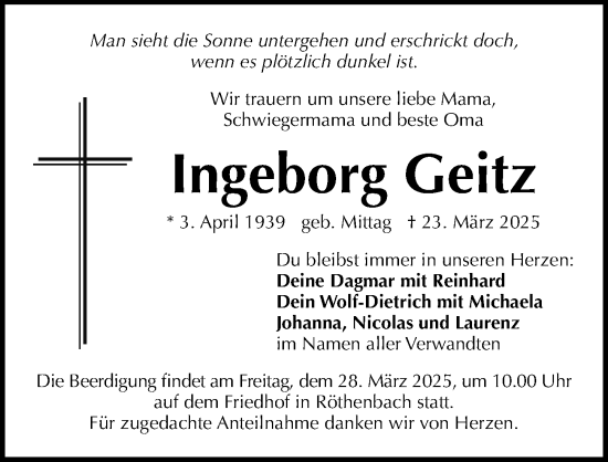 Traueranzeige von Ingeborg Geitz von Gesamtausgabe Nürnberger Nachrichten/ Nürnberger Ztg.