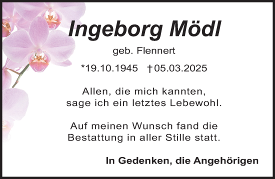 Traueranzeige von Ingeborg Mödl von Gesamtausgabe Nürnberger Nachrichten/ Nürnberger Ztg.
