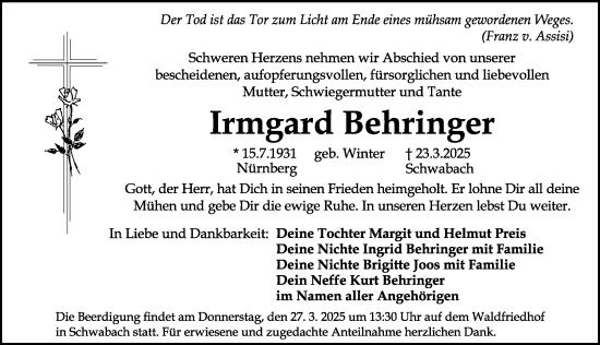 Traueranzeige von Irmgard Behringer von Gesamtausgabe Nürnberger Nachrichten/ Nürnberger Ztg.