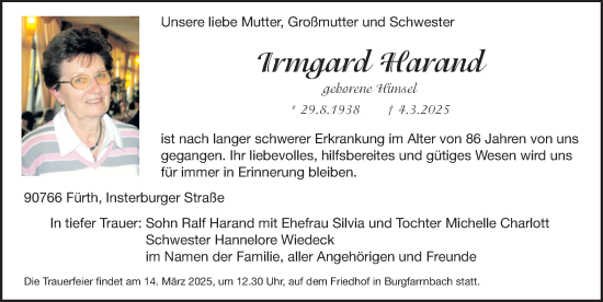 Traueranzeige von Irmgard Harand von Gesamtausgabe Nürnberger Nachrichten/ Nürnberger Ztg.