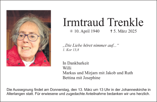 Traueranzeige von Irmtraud Trenkle von Erlanger Nachrichten Lokal