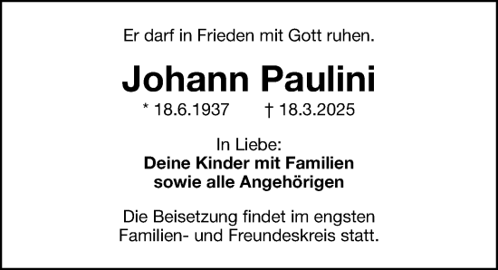 Traueranzeige von Johann Paulini von Fürther Nachrichten Lokal