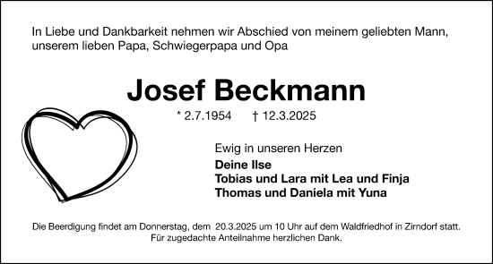 Traueranzeige von Josef Beckmann von Gesamtausgabe Nürnberger Nachrichten/ Nürnberger Ztg.