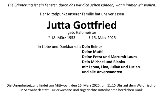 Traueranzeige von Jutta Gottfried von Schwabacher Tagblatt Lokal