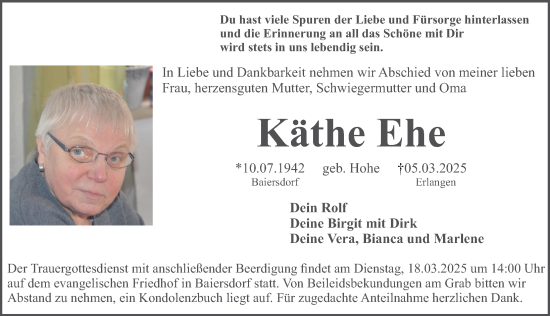 Traueranzeige von Käthe Ehe von Erlanger Nachrichten Lokal