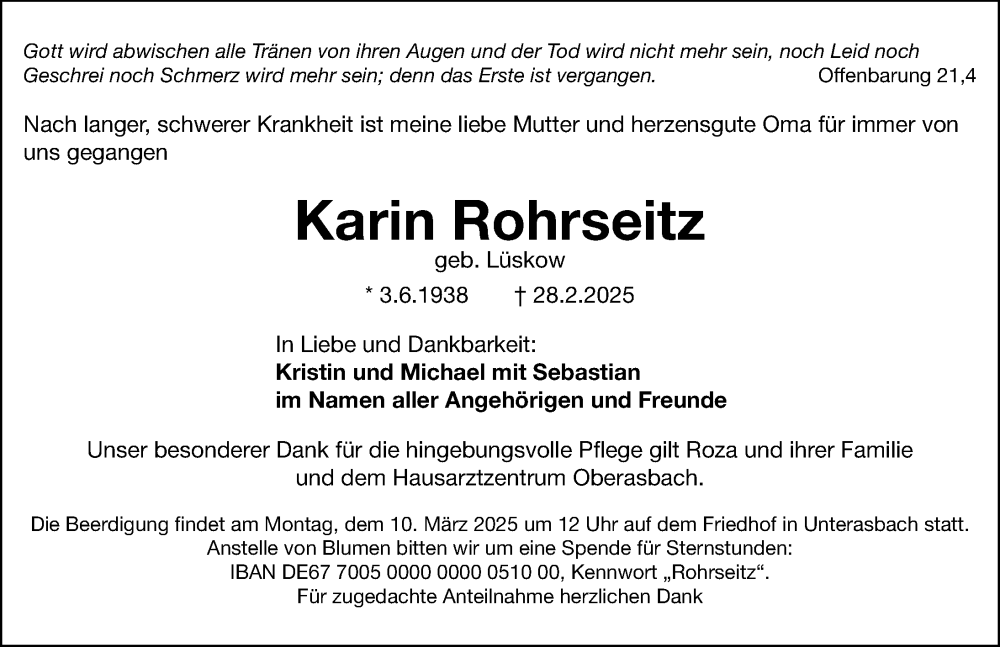  Traueranzeige für Karin Rohrseitz vom 05.03.2025 aus Fürther Nachrichten Lokal