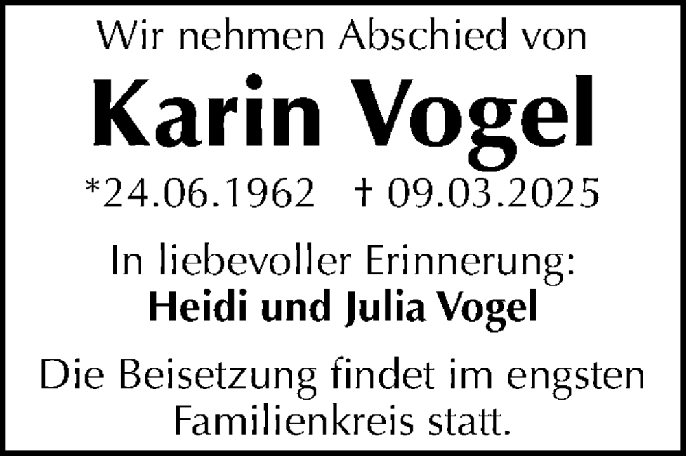  Traueranzeige für Karin Vogel vom 15.03.2025 aus Gesamtausgabe Nürnberger Nachrichten/ Nürnberger Ztg.