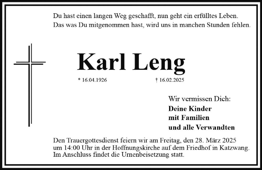  Traueranzeige für Karl Leng vom 22.03.2025 aus Gesamtausgabe Nürnberger Nachrichten/ Nürnberger Ztg.