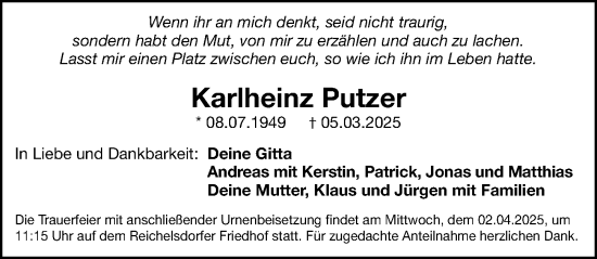 Traueranzeige von Karlheinz Putzer von Gesamtausgabe Nürnberger Nachrichten/ Nürnberger Ztg.
