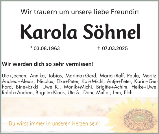 Traueranzeige von Karola Söhnel von Erlanger Nachrichten/ Nordbayer. Nachrichten Forchheim
