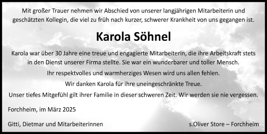 Traueranzeige von Karola Söhnel von Nordbayerische Nachrichten Forchheim Lokal