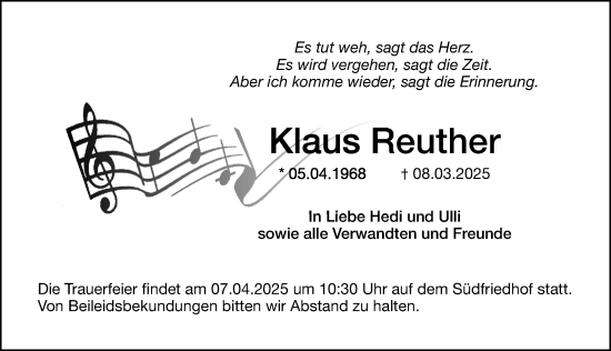 Traueranzeige von Klaus Reuther von Gesamtausgabe Nürnberger Nachrichten/ Nürnberger Ztg.