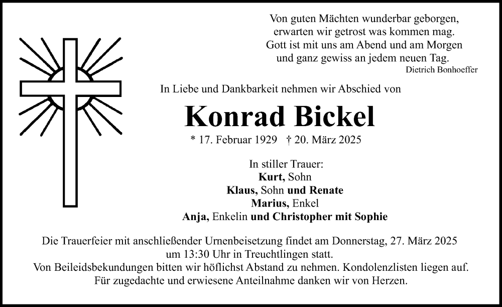  Traueranzeige für Konrad Bickel vom 25.03.2025 aus Weißenburger Tagblatt u.Treuchtlinger Kurier Lokal