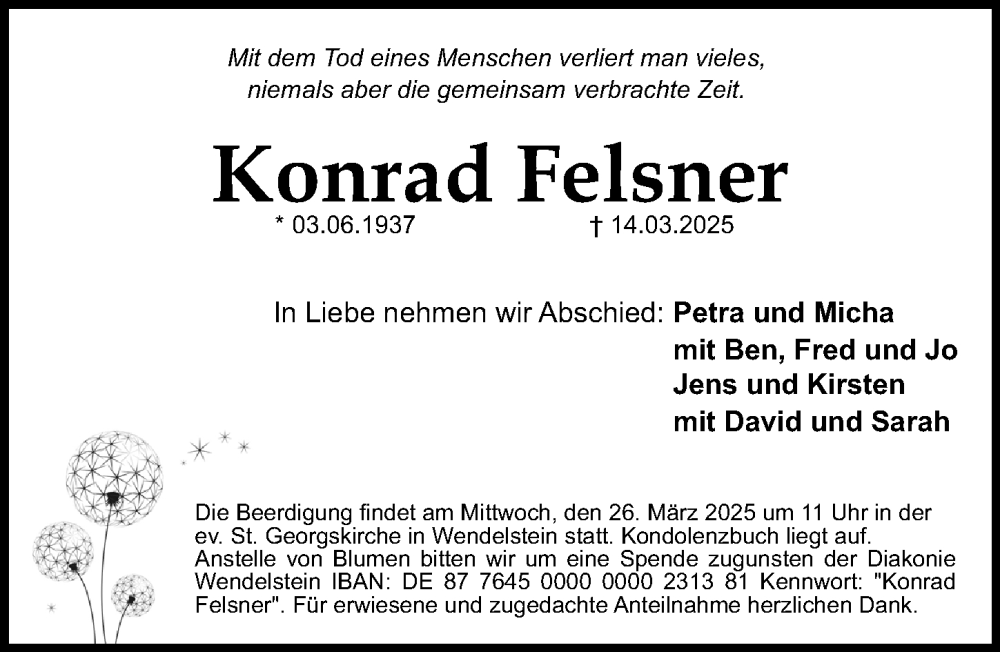  Traueranzeige für Konrad Felsner vom 22.03.2025 aus Schwabacher Tagblatt Lokal