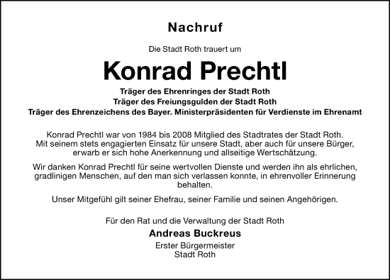 Traueranzeige von Konrad Prechtl von Roth-Hilpoltsteiner Volkszeitung Lokal