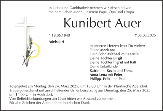 Traueranzeige von Kunibert Auer von Nordbayerische Nachrichten Herzogenaurach Lokal