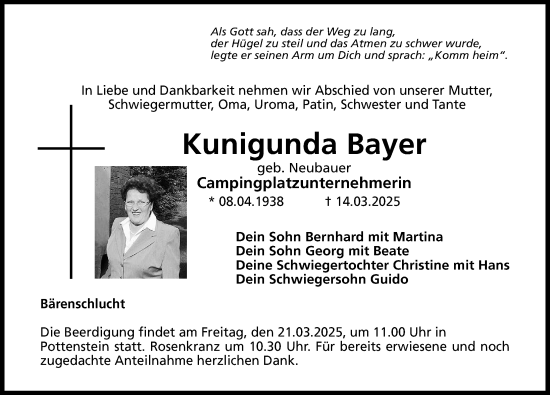 Traueranzeige von Kunigunda Bayer von Nordbayerische Nachrichten Pegnitz Lokal
