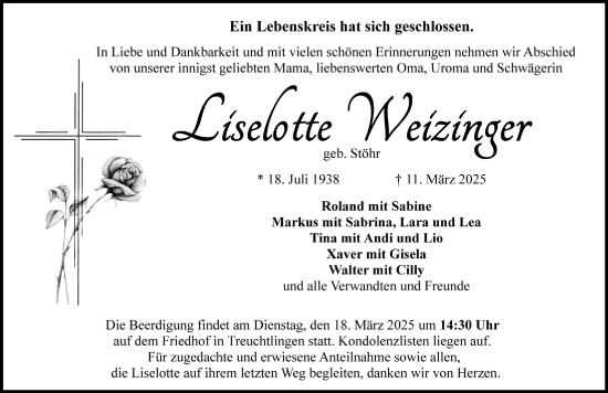 Traueranzeige von Liselotte Weizinger von Weißenburger Tagblatt u.Treuchtlinger Kurier Lokal
