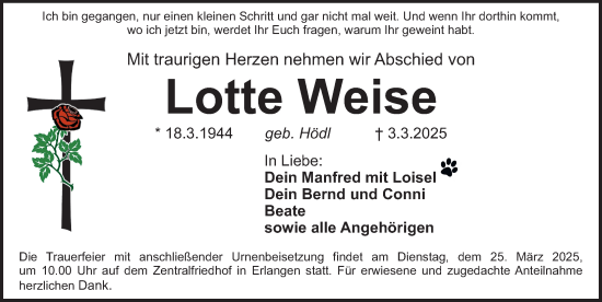 Traueranzeige von Lotte Weise von Erlanger Nachrichten Lokal
