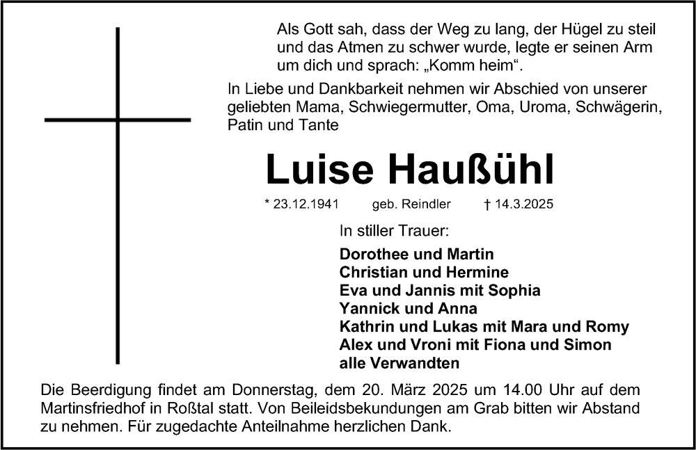  Traueranzeige für Luise Haußühl vom 18.03.2025 aus Gesamtausgabe Nürnberger Nachrichten/ Nürnberger Ztg.