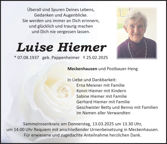 Traueranzeige von Luise Hiemer von Roth-Hilpoltsteiner Volkszeitung Lokal