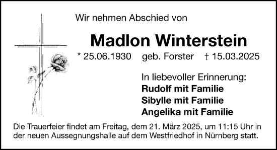 Traueranzeige von Madlon Winterstein von Gesamtausgabe Nürnberger Nachrichten/ Nürnberger Ztg.