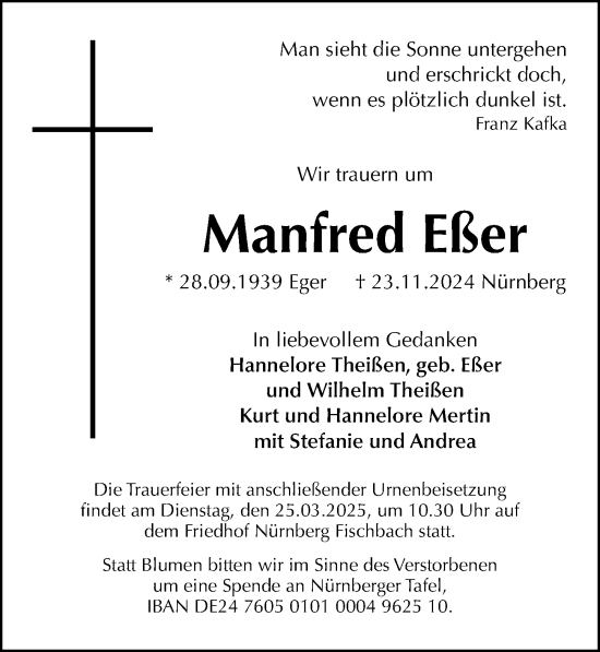 Traueranzeige von Manfred Eßer von Gesamtausgabe Nürnberger Nachrichten/ Nürnberger Ztg.