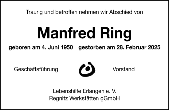 Traueranzeige von Manfred Ring von Erlanger Nachrichten Lokal