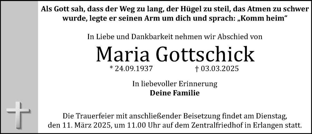  Traueranzeige für Maria Gottschick vom 08.03.2025 aus Erlanger Nachrichten Lokal
