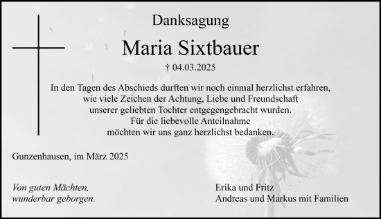 Traueranzeige von Maria Sixtbauer von Altmühl-Bote Lokal