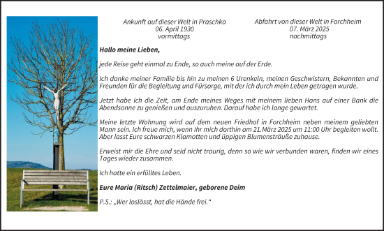 Traueranzeige von Maria Zettelmaier von Nordbayerische Nachrichten Forchheim Lokal