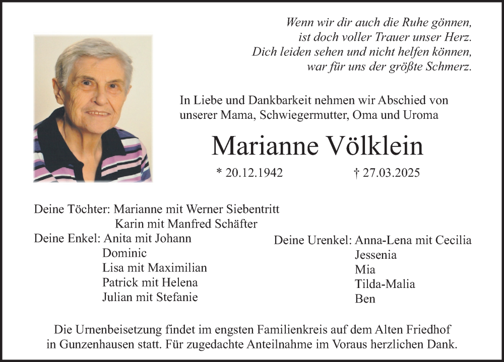  Traueranzeige für Marianne Völklein vom 29.03.2025 aus Altmühl-Bote Lokal