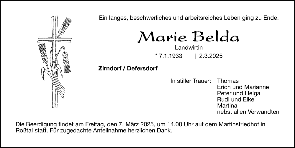  Traueranzeige für Marie Belda vom 05.03.2025 aus Fürther Nachrichten Lokal