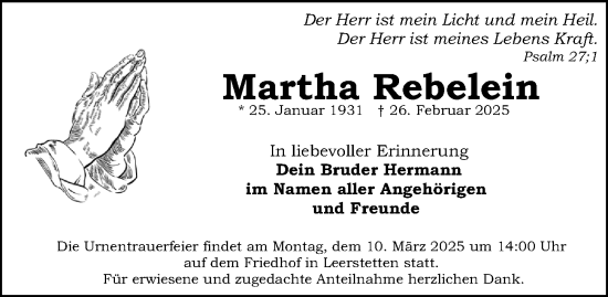 Traueranzeige von Martha Rebelein von Gesamtausgabe Nürnberger Nachrichten/ Nürnberger Ztg.