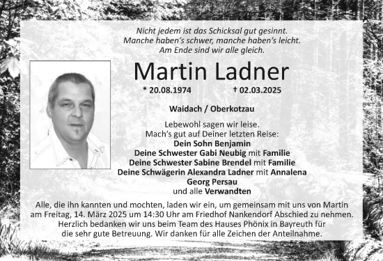 Traueranzeige von Martin Ladner von Nordbayerische Nachrichten Pegnitz Lokal