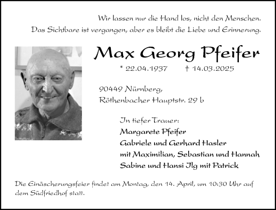 Traueranzeige von Max Georg Pfeifer von Gesamtausgabe Nürnberger Nachrichten/ Nürnberger Ztg.