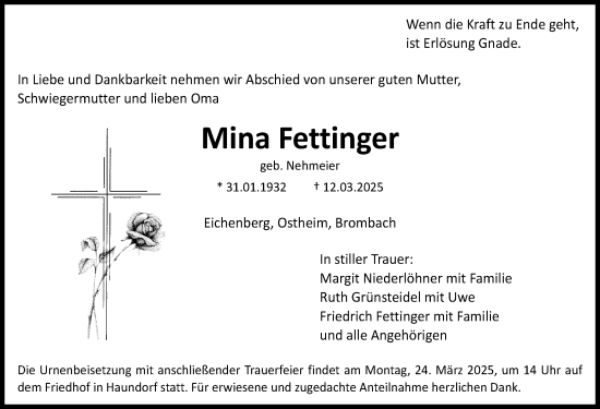 Traueranzeige von Mina Fettinger von Altmühl-Bote Lokal