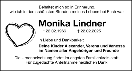 Traueranzeige von Monika Lindner von Fürther Nachrichten Lokal