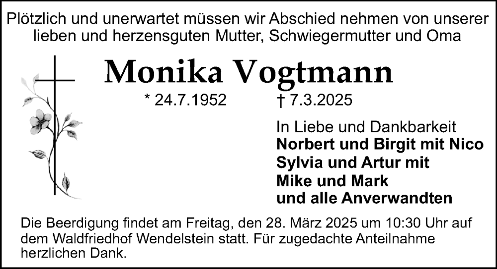 Traueranzeige für Monika Vogtmann vom 22.03.2025 aus Schwabacher Tagblatt Lokal