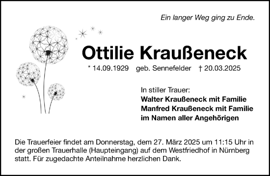 Traueranzeige von Ottilie Kraußeneck von Gesamtausgabe Nürnberger Nachrichten/ Nürnberger Ztg.