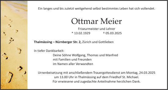 Traueranzeige von Ottmar Meier von Roth-Hilpoltsteiner Volkszeitung Lokal
