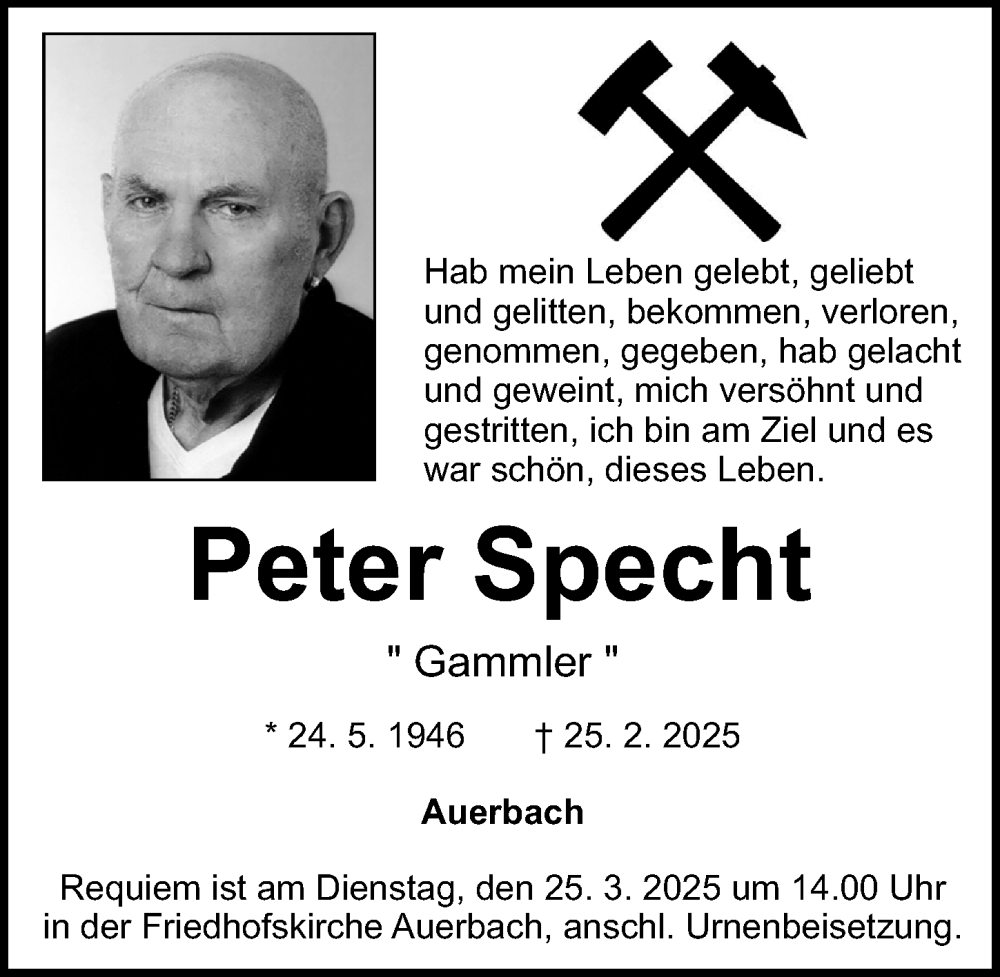  Traueranzeige für Peter Specht vom 08.03.2025 aus Nordbayerische Nachrichten Pegnitz Lokal