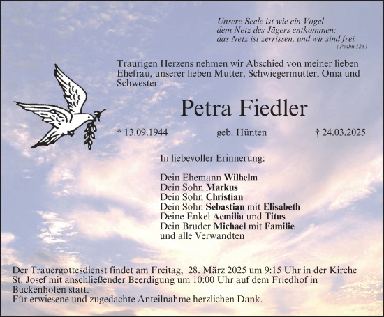 Traueranzeige von Petra Fiedler von Gesamtausgabe Nürnberger Nachrichten/ Nürnberger Ztg.
