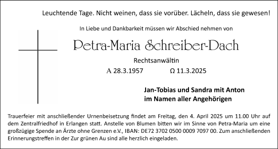 Traueranzeige von Petra-Maria Schreiber-Dach von Erlanger Nachrichten Lokal