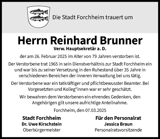 Traueranzeige von Reinhard Brunner von Nordbayerische Nachrichten Forchheim Lokal