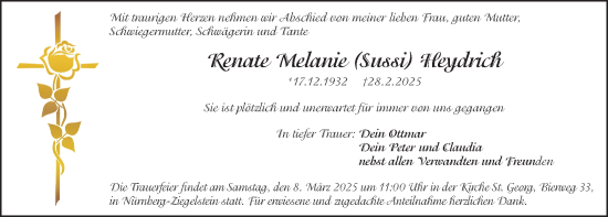 Traueranzeige von Renate  Heydrich von Gesamtausgabe Nürnberger Nachrichten/ Nürnberger Ztg.