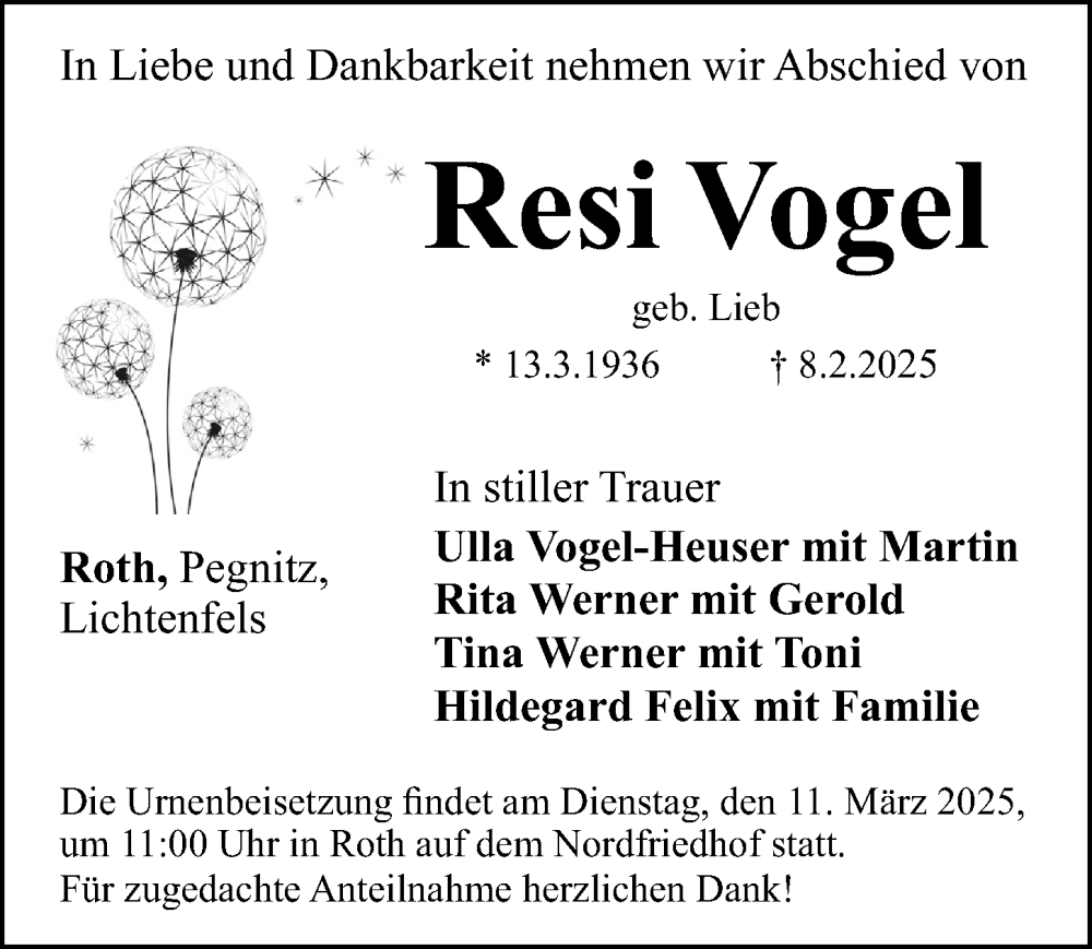  Traueranzeige für Resi Vogel vom 08.03.2025 aus HST,HRHV
