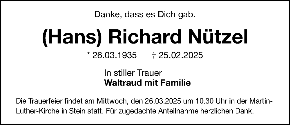  Traueranzeige für Richard Nützel vom 22.03.2025 aus Gesamtausgabe Nürnberger Nachrichten/ Nürnberger Ztg.