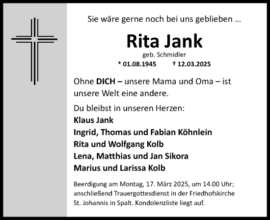 Traueranzeige von Rita Jank von Roth-Hilpoltsteiner Volkszeitung Lokal
