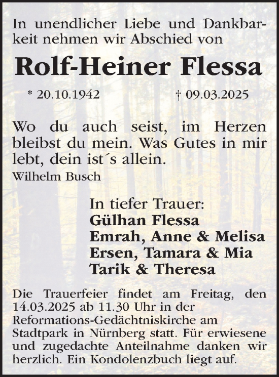 Traueranzeige von Rolf-Heiner Flessa von Gesamtausgabe Nürnberger Nachrichten/ Nürnberger Ztg.